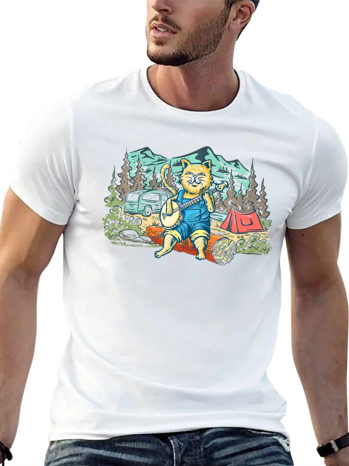 Camping Cat Banjo Graphic T-Shirt